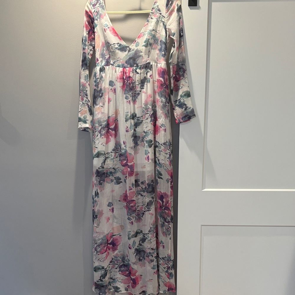 Zara Trafaluc Pink, Gray & Cream Floral Maxi Dress